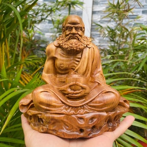 Bodhidharma Statue, Dharma Zen Master Statue Sitting In Meditation Made By Solid Green Cypress Wood, Buddhist Items Bringing Peace,