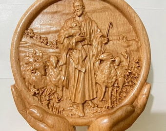Houten standbeeld Jezus de goede herder – religieus cadeau