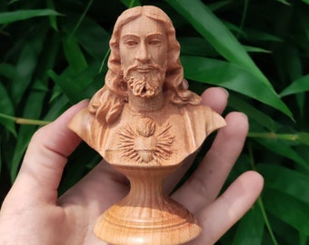 Mini Wooden Jesus Bust, Sacred Heart Statue, Catholic Gift (10cm)