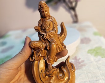 Handicrafted Wooden Statue Of Guan Yin Bodhisattva Sitting On The Wave, Guan Yin Wood Statue Boxwood Feng Shui, Guanyin Statue Boxwood