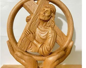 Wooden Jesus Carrying Cross Statue | Catholic Home Decor