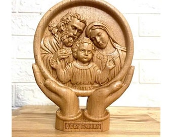 Houten houten standbeeld van de Heilige Familie | Katholieke woondecoratie