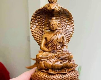 Buddha Seated on Naga Throne Handcrafted Naga Meditating Buddha Statue, Buddha Seated Beneath Muchalinda Naga Cobra Snake Immortal Protector