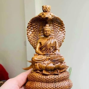 Buddha Seated on Naga Throne Handcrafted Naga Meditating Buddha Statue, Buddha Seated Beneath Muchalinda Naga Cobra Snake Immortal Protector