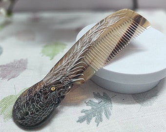 Handmade Phoenix Engraved Buffalo Horn Comb, Vintage Massage Hair Brush, Natural Curly Horn Comb, Anti-static Natural Comb , Bone Comb