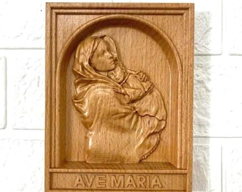 Wooden Ave Maria Plaque – Virgin Mary and Child Relief