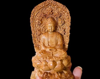 Buddha Statue Sitting On Lotus, Handcrafted Shakyamuni Meditating Buddha Statue Wooden Shakyamuni Buddha, Guan Yin statue