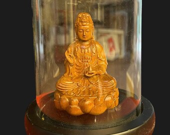 Wooden Buddha Statue Sitting On Lotus, Handcrafted Shakyamuni Meditating Buddha Statue, Wooden Shakyamuni Buddha Guan Yin Statue