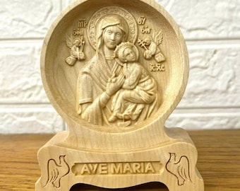 Virgin Mary and Child Wooden Statue with Rosary | Catholic Gift