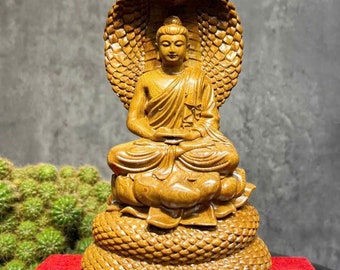Buddha Seated on Naga Throne Handcrafted Naga Meditating Buddha Statue, Buddha Seated Beneath Muchalinda Naga Cobra Snake Immortal Protector