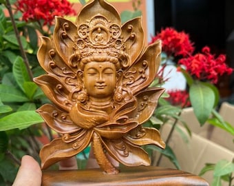 Handicrafted Wooden Statue Of Guan Yin Bodhisattva Face On Lotus, Guan Yin Wood Statue Boxwood Feng Shui, Guanyin Statue Boxwood