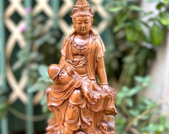 Handicrafted Wooden Statue Of Guan Yin Bodhisattva Sitting On Lotus, Guan Yin Wood Statue Boxwood Feng Shui, Guanyin Statue Boxwood