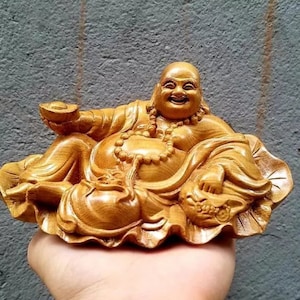 Carved Wooden Maitreya Buddha Statue, Smiling Maitreya Buddha, Vintage Laughing Happy Buddha Statue, Handmade Fengshui Statues