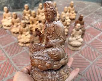 Statue Of Guan Yin Bodhisattva Sitting On Lotus Made By Jade Wood, Guan Yin Wood Statue Boxwood Feng Shui, Guanyin Statue Figurine