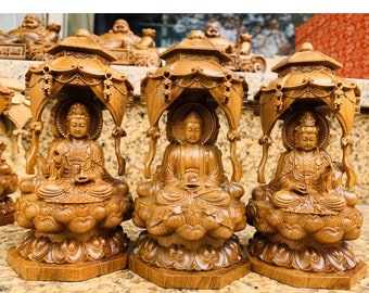 Wooden Western Three Holy Buddha Statues, Handmade Three Buddha Statues Ornament For Buddish, Wooden Buddha Statue, Bodhisattva Statue