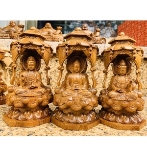 Wooden Western Three Holy Buddha Statues, Handmade Three Buddha Statues Ornament For Buddish, Wooden Buddha Statue, Bodhisattva Statue