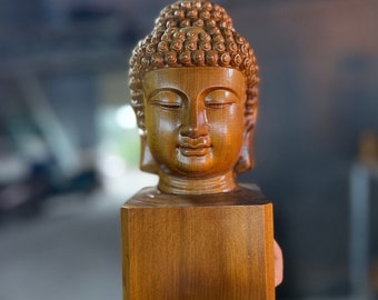 Buddha Head Statue Made By Solid Green Cypress Wood, Handcrafted Shakyamuni  Buddha Statue, Wooden Shakyamuni  Buddhism Buddha Head Carved