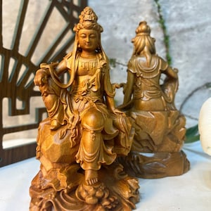 Handicrafted Wooden Statue Of Guan Yin Bodhisattva Sitting On Lotus, Guan Yin Wood Statue Boxwood Feng Shui, Guanyin Statue Boxwood