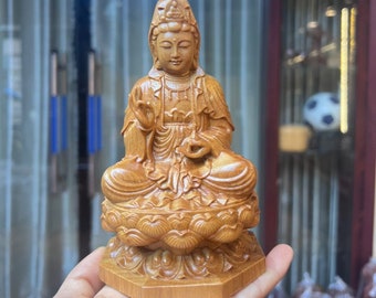 Handicrafted Wooden Statue Of Guan Yin Bodhisattva Sitting On Lotus, Guan Yin Wood Statue Boxwood Feng Shui, Guanyin Statue Boxwood