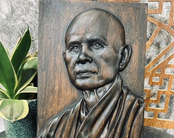 Thich Nhat Hanh Wood Relief, Zen Master Statue, Mindfulness Gift