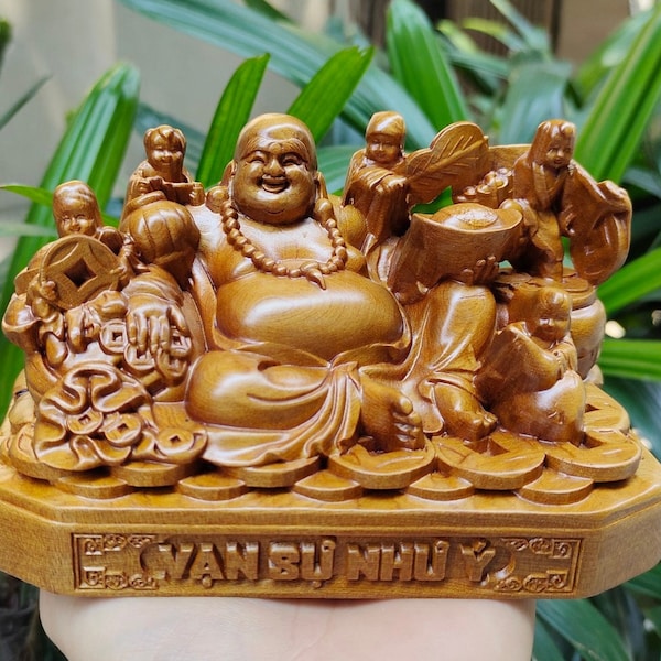 Carved Wooden Maitreya Buddha Statue, Smiling Maitreya Buddha, Vintage Laughing Happy Buddha Statue, Handmade Fengshui Statues