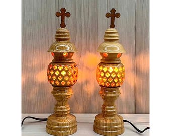 Wooden Catholic Electric Lamp • Oak Wood Prayer Light • Christian Altar & Chapel Decor