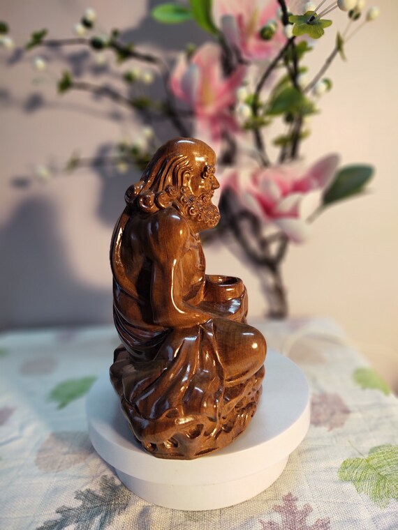Wooden Bodhidharma Statue, Zen Master, Green Cypress Wood (5.9