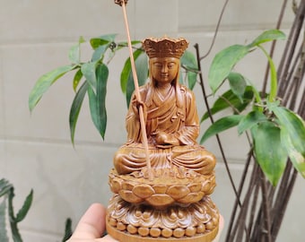 Wooden Ksitigarbha Bodhisattva Statue, Cypress Wood Carving, Feng Shui Decor (5.9 inch)