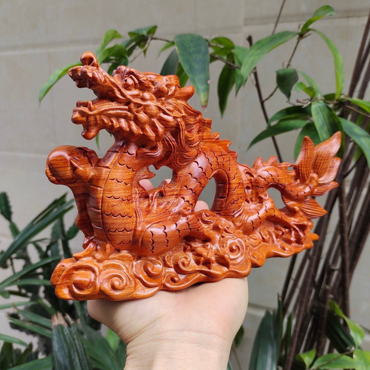 Wooden Dragon Statue New Year Figurine Chinese Fengshui