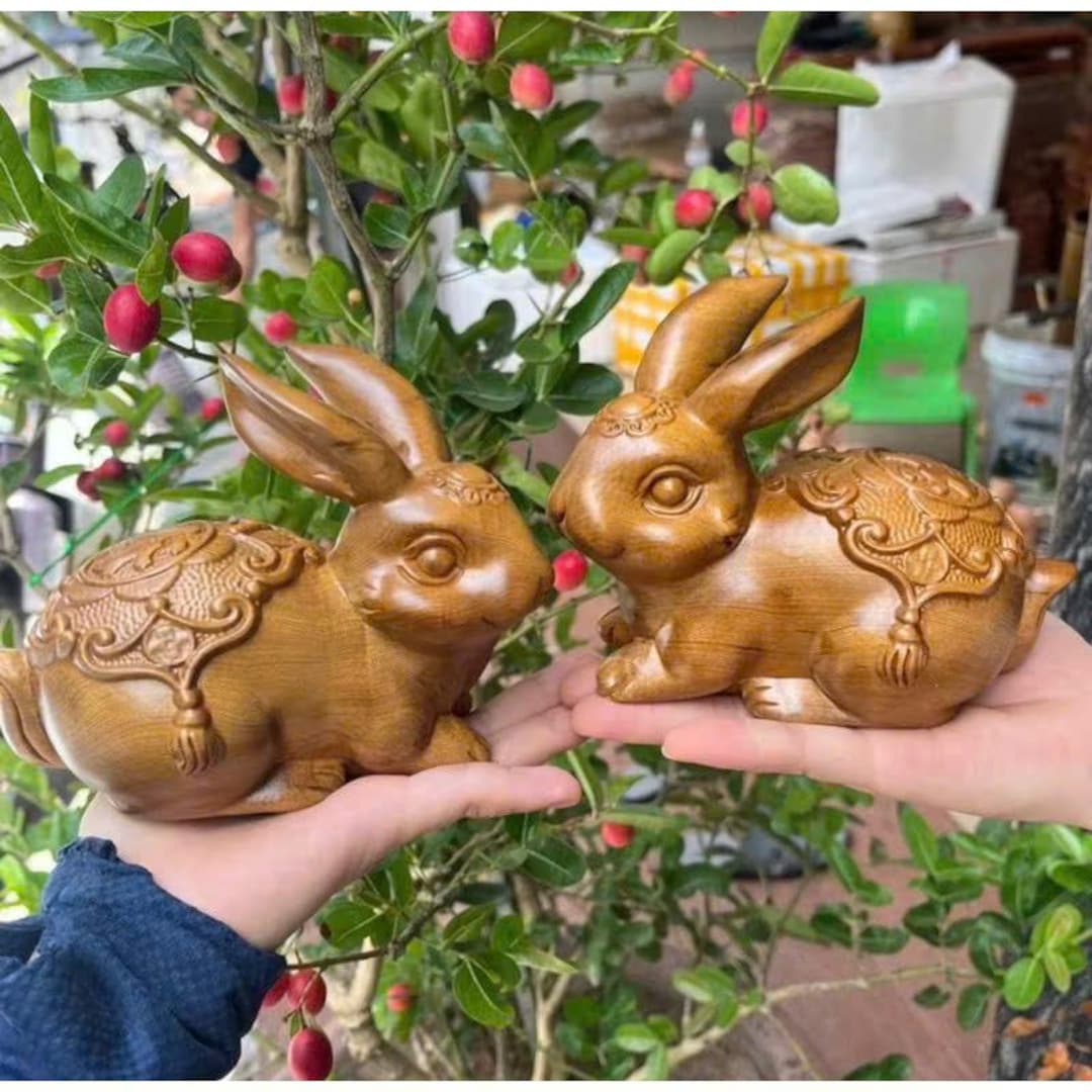 Feng Shui Rabbit Wooden Statue | Hand Carved Wood Bunny | Wealth Luck ...
