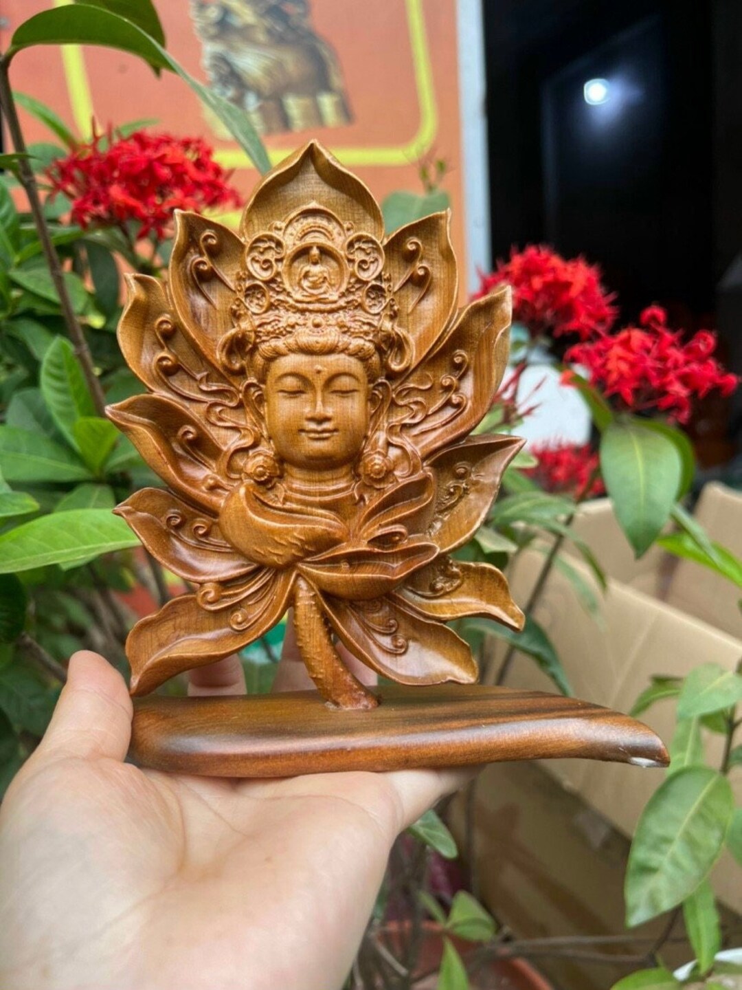 Handicrafted Wooden Statue of Guan Yin Bodhisattva Face on Lotus, Guan