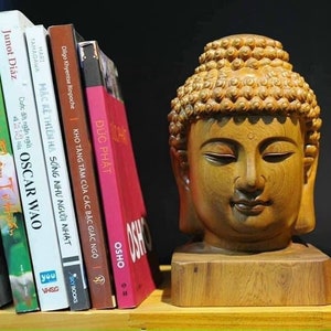 Handmade Green Cypress Wood Buddha Book Ends, Shakyamuni Statue