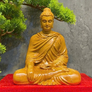 Trä Buddha Shakyamuni meditationsstaty | Handsnidad Buddhaskulptur | Zenmeditationsdekor