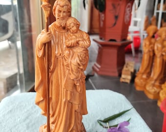 Saint Joseph Holding Baby Jesus Beech Wood Statue, Newborn Gift