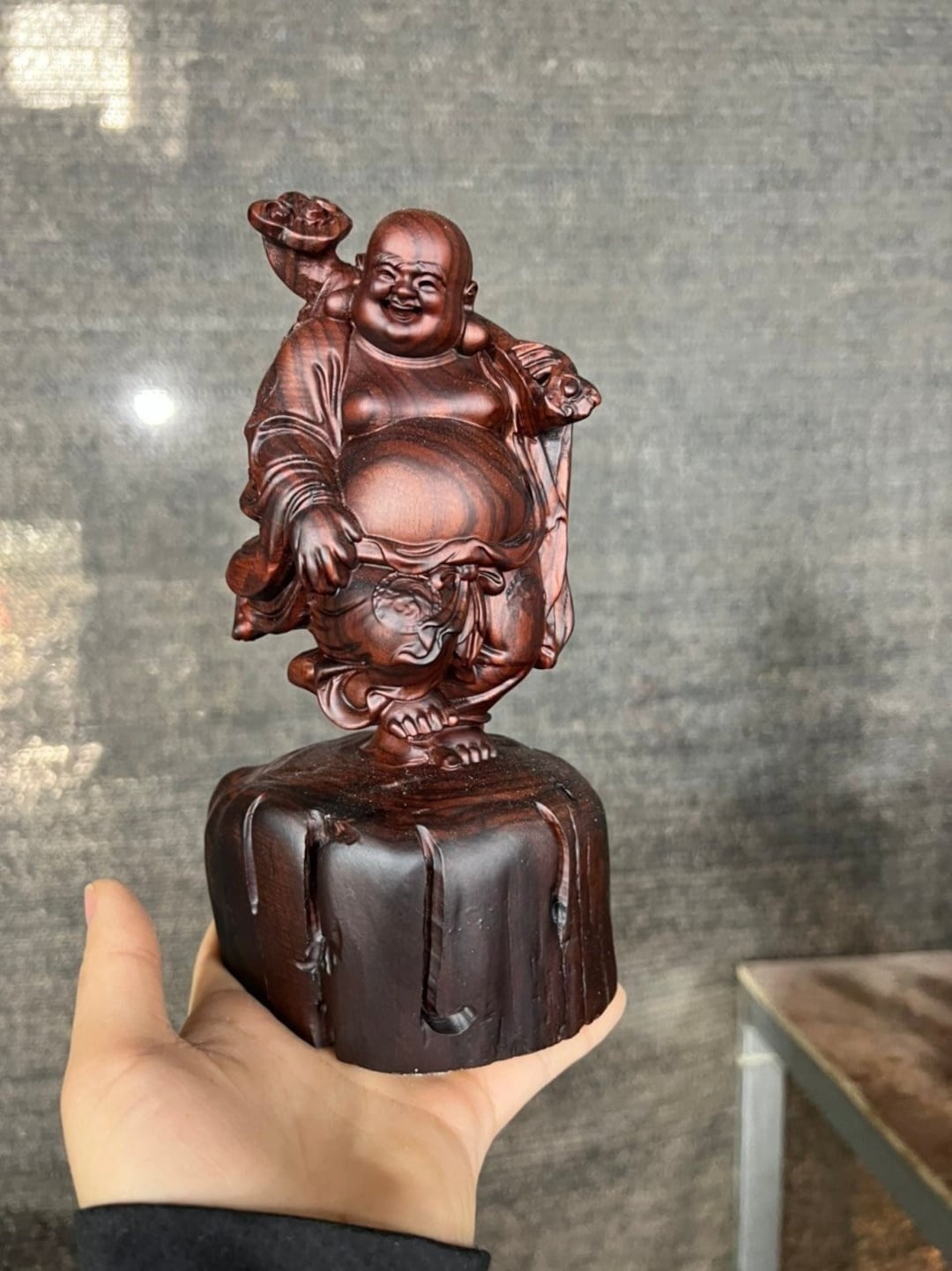 God of Wealth Statue Made by Rosewood Wooden Maitreya Buddha Statue