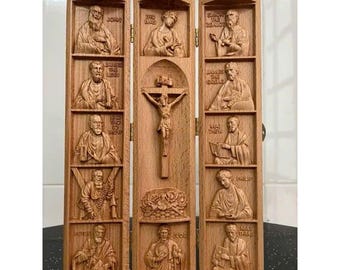 Wooden Triptych | Jesus Crucifix & Apostles Folding Altar Shrine