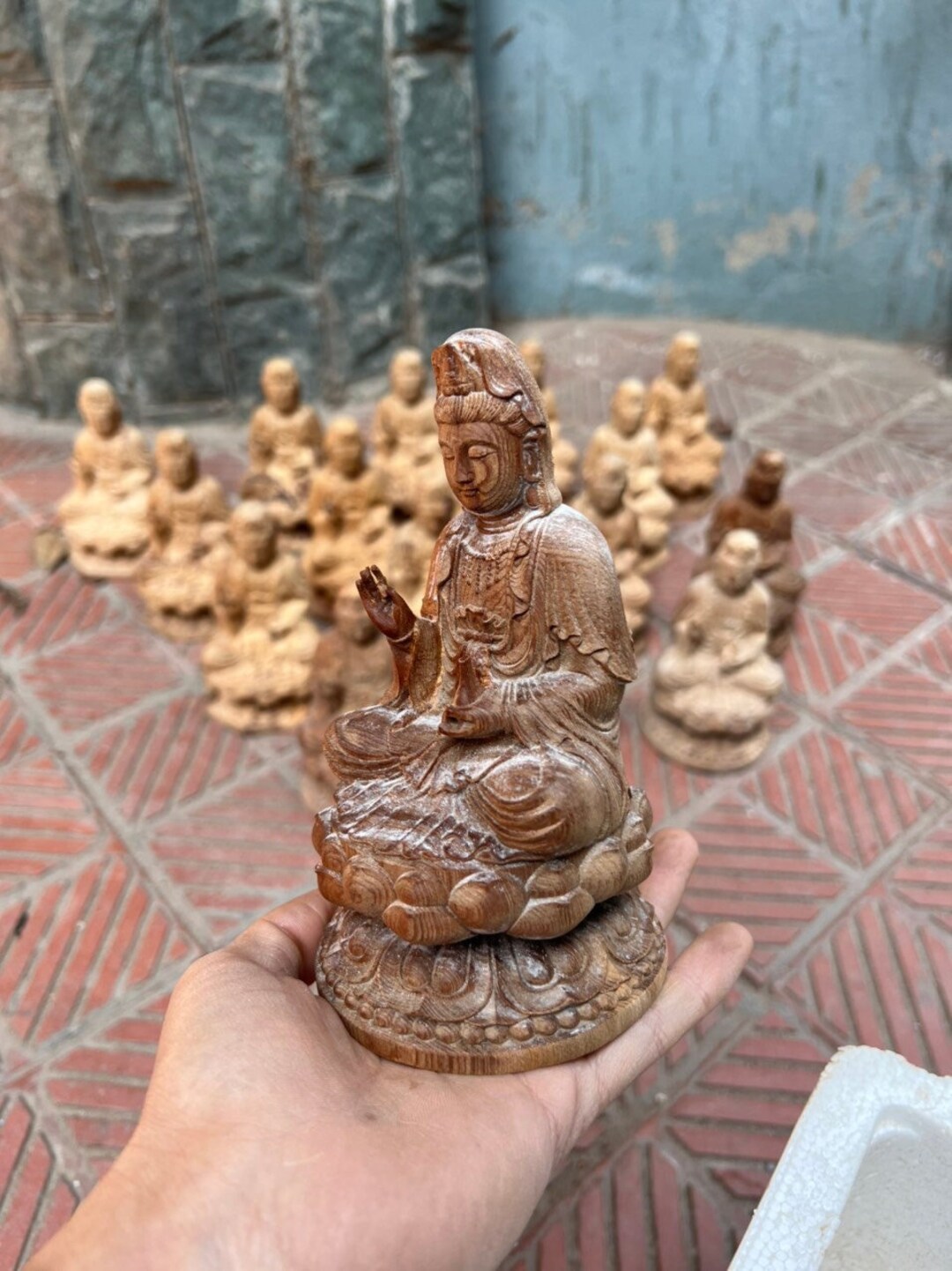 Statue of Guan Yin Bodhisattva Sitting on Lotus Made by Jade Wood, Guan