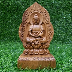 Handicrafted Wood Buddha Statue Sitting On Lotus, Handcrafted Shakyamuni Meditating Buddha Statue, Wooden Shakyamuni Buddha Tathagata Statue