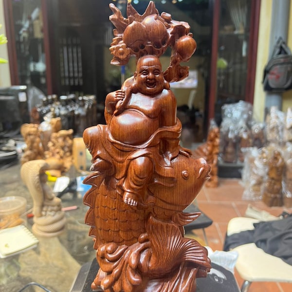 Big Size God Of Wealth Wooden Maitreya Buddha Statue Riding On Carp, Smiling Maitreya Buddha, Lucky Fengshui Laughing Happy Buddha Statue