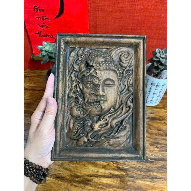 Half Good Half Evil Wooden Relief, Good And Evil Face Handcrafted Buddha Statue, Wooden Shakyamuni  Buddhism Buddha Head Carved