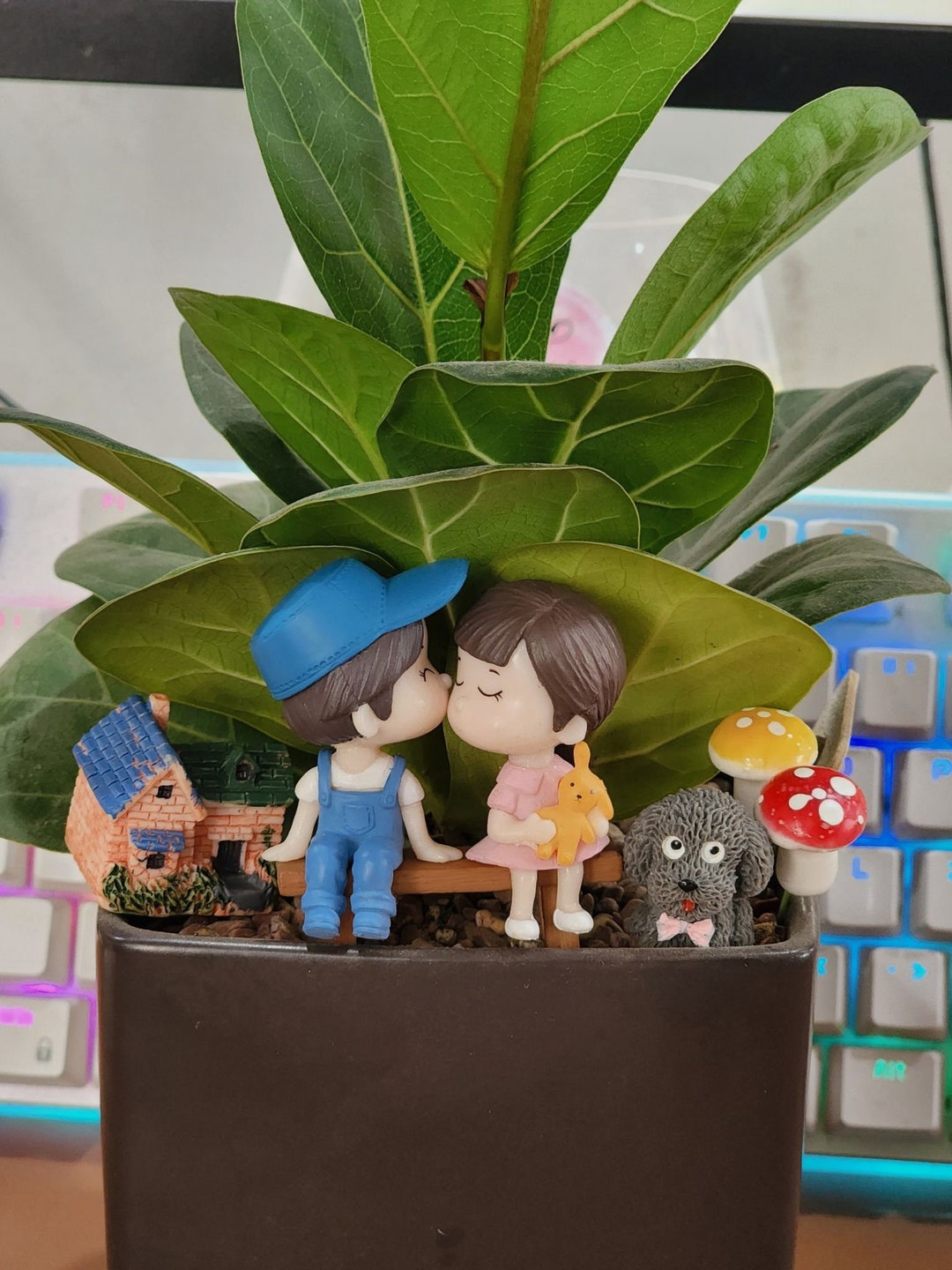 Miniature Bonsai Couple Figurines Set, Boy and Girl Miniature With