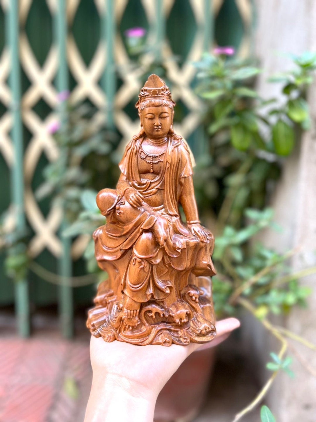 Handicrafted Wooden Statue of Guan Yin Bodhisattva Sitting on Lotus