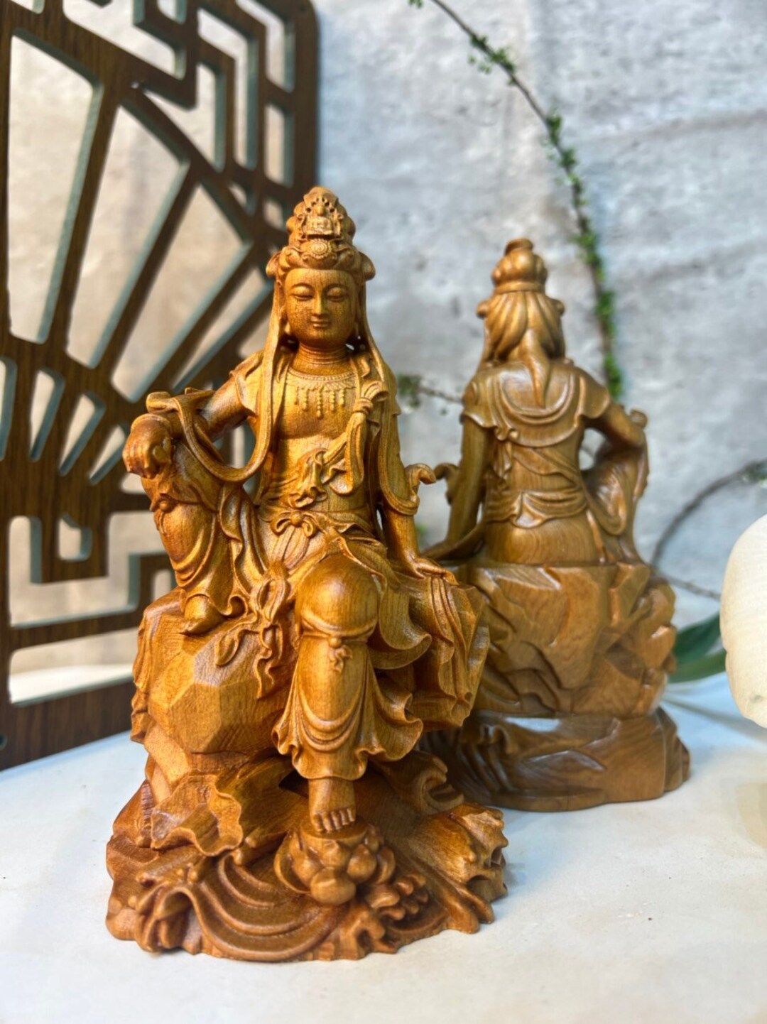 Handicrafted Wooden Statue of Guan Yin Bodhisattva Sitting on Lotus