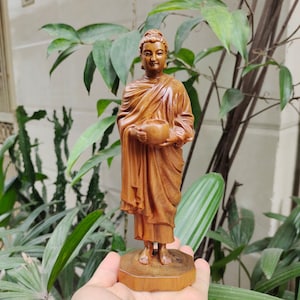 Handicrafted Standing Buddha Holding Alms Bowl, Handcrafted Shakyamuni Begging For Alms, Wooden Shakyamuni  Buddha