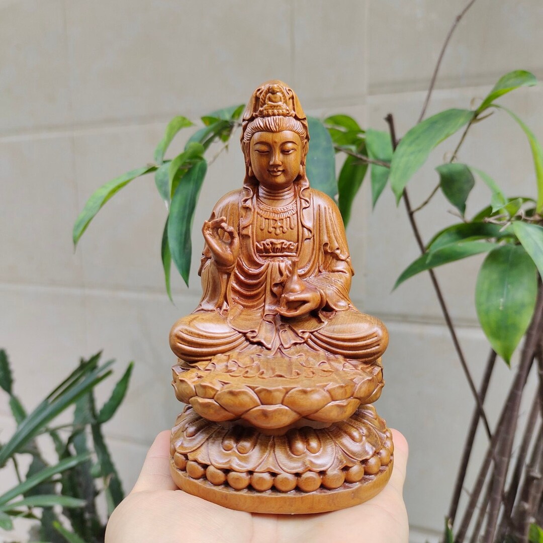 Handicrafted Wooden Statue of Guan Yin Bodhisattva Sitting on Lotus