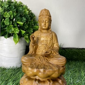 Handicrafted Wooden Statue Of Guan Yin Bodhisattva Sitting On Lotus, Guan Yin Wood Statue Boxwood Feng Shui, Guanyin Statue Boxwood