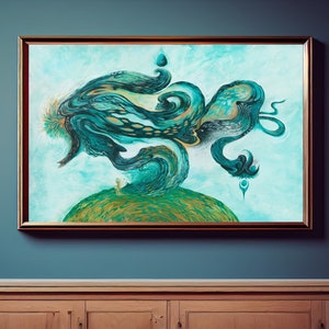 May include: A framed painting of a swirling, abstract design in shades of teal and gold. A small figure stands on a green hill in the foreground.