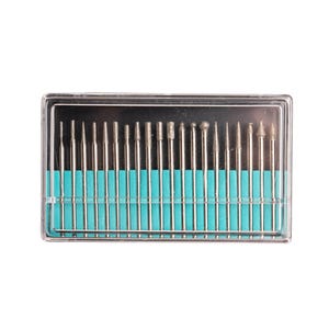 May include: A clear plastic case containing a set of 20 diamond-tipped drill bits. The bits are arranged in rows and are all the same length. The case has a blue and white design.