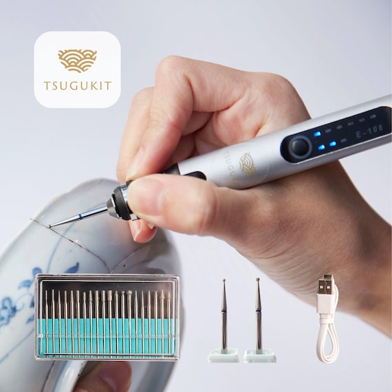 Cordless Electric Carving Pen with 22 Diamond Bits for Kintsugi - Kintsugi Repair Kit TSUGUKIT Handheld Mini Drill Grinding Ceramics DIY