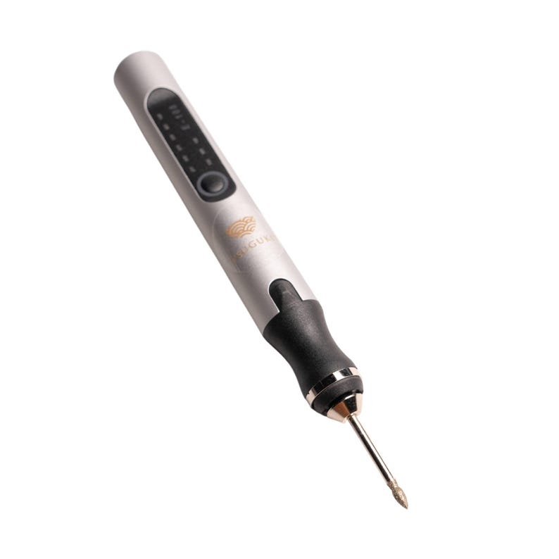 May include: A silver and black electric rotary tool with a gold-coloured tip. The tool has a digital display and a button on the side. The brand name "SIGUI" is printed on the side of the tool.